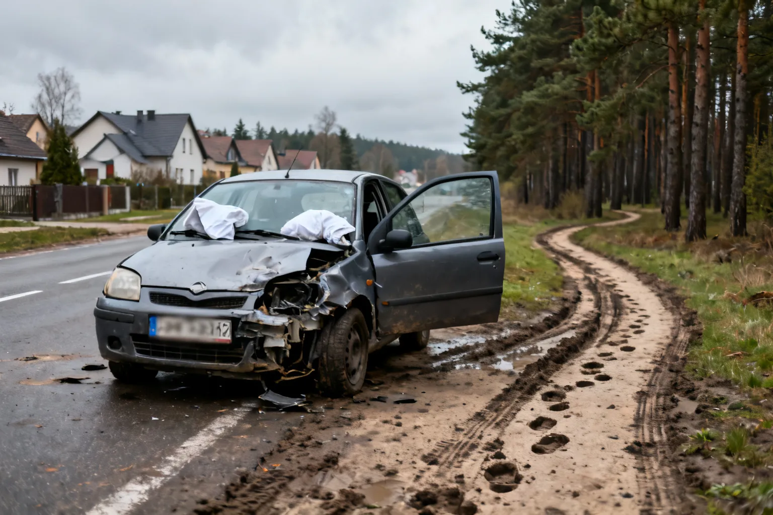 Wypadek skradzionym autem w Jasienicy (gmina Myślenice) — pijany kierowca uciekł do lasu