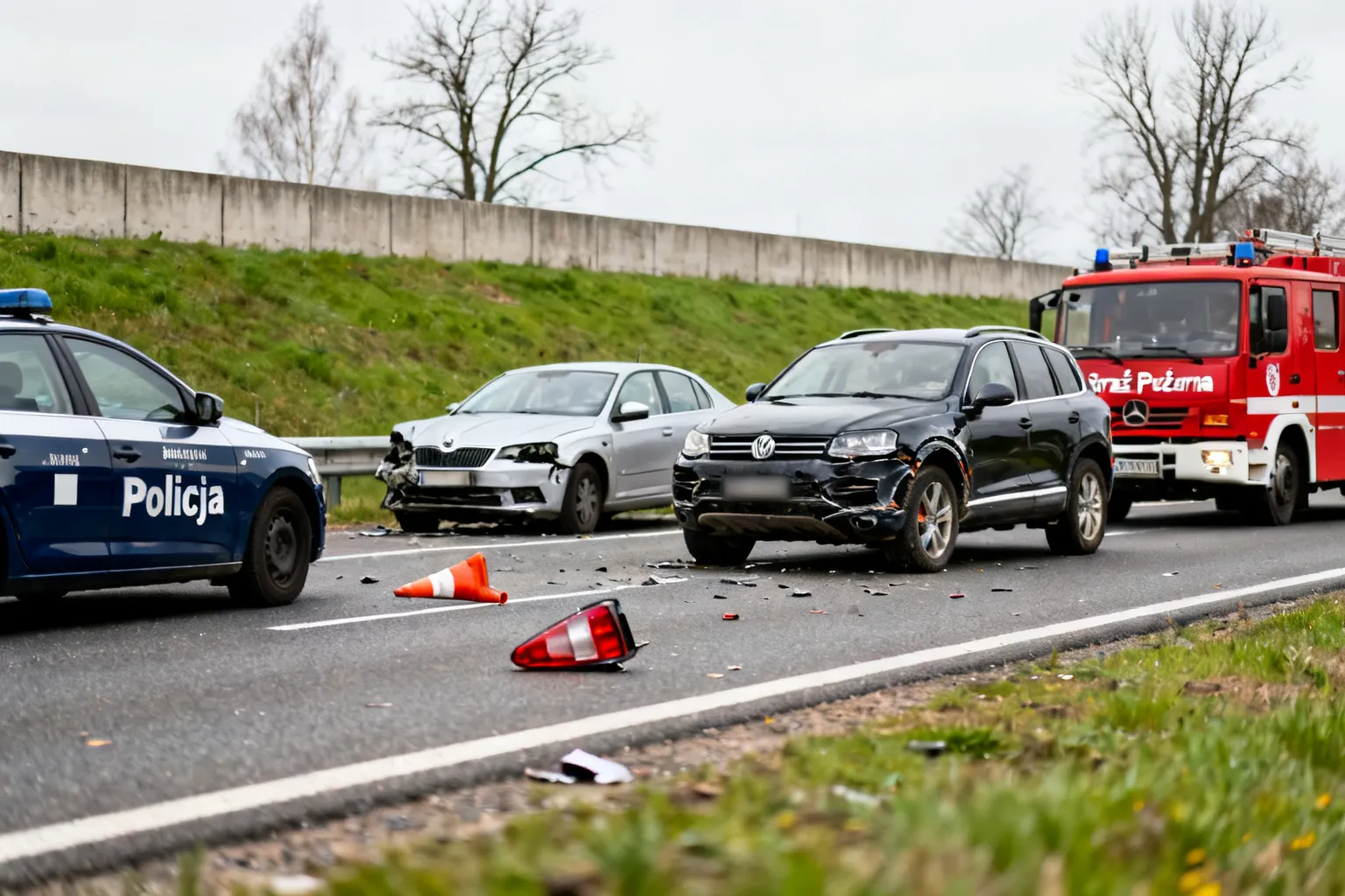 Kolizja na A4 w Balicach w kierunku Rzeszowa — patrol policji i zastępy straży na miejscu